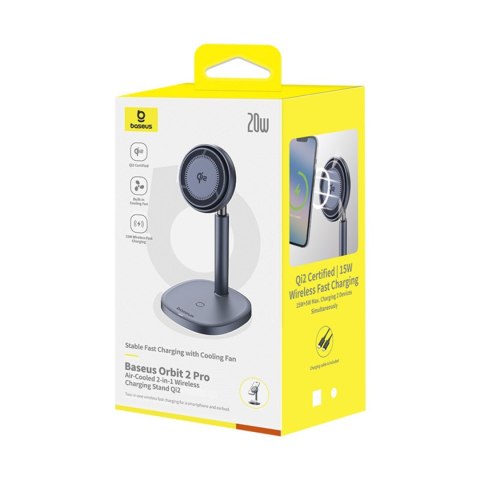 2w1 Ładowarka indukcyjna Orbit 2 Pro MagSafe Qi2 20W z chłodzeniem - szara BASEUS