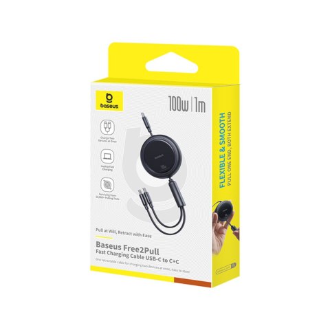 Kabel przewód zwijany USB-C - 2 x USB-C Bright Mirror Series 100W 1m - czarny BASEUS