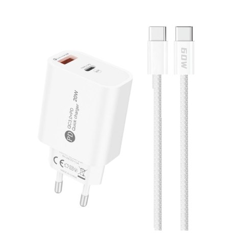 Ładowarka sieciowa 20W USB-A USB-C z kablem USB-C 1m - biała HURTEL