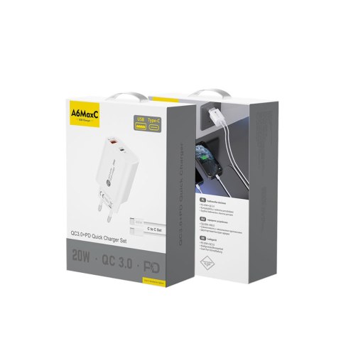 Ładowarka sieciowa 20W USB-A USB-C z kablem USB-C 1m - biała HURTEL