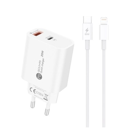 Ładowarka sieciowa 20W USB-A USB-C z kablem USB-C - iPhone Lightning 1m - biała HURTEL