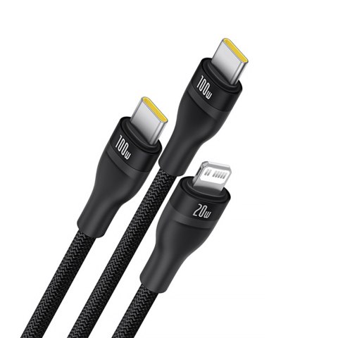 3w1 Kabel przewód Flash Series 3 100W USB-C - 2x USB-C iPhone Lightning 1.5m - czarny BASEUS