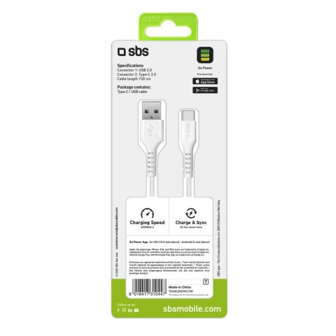 Kabel przewód USB-A - USB-C 1.5m - biały SBS