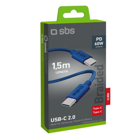 Kabel przewód w oplocie USB-C - USB-C 60W 1.5m - niebieski SBS