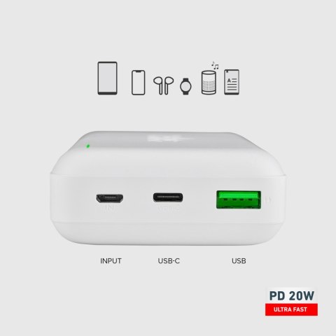 Powerbank 20000 mAh PD MicroUSB USB-C USB-A 20W - biały SBS