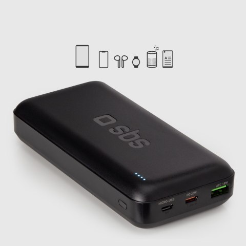 Powerbank 20000 mAh PD USB-C USB-A Micro-USB 20W - czarny SBS