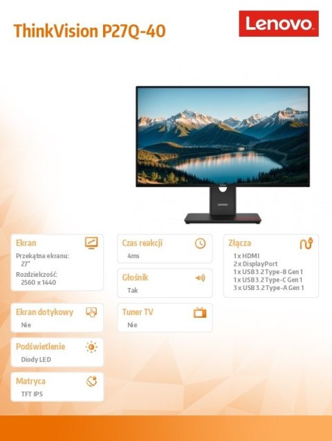 Monitor ThinkVision 27.0 P27Q-40 WLED LCD 64A7ZAT6EU Lenovo