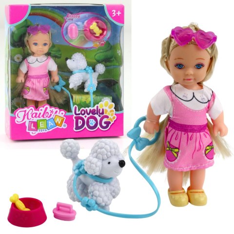 Zestaw Mini Laleczka Z Pieskiem Na Smyczy Miska Z Kością LEAN Toys