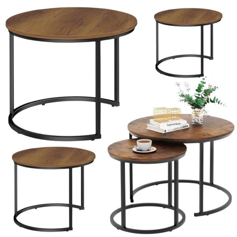 Zestaw Okrągłe Stoliki Kawowe 3w1 Vintage Naturalne Drewno 51cm 40cm 30cm LEAN
