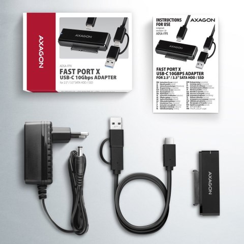 ADSA-FPX Adapter USB-C 10Gbps SATA 6G 2.5/3.5 cala SSD/HDD FASTPORT X, w tym zasilacz, 60cm USB-C/USB-A kabel AXAGON