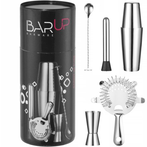 Zestaw barmański w tubie shaker jigger sitko muddler łyżka - srebrny Bar Up