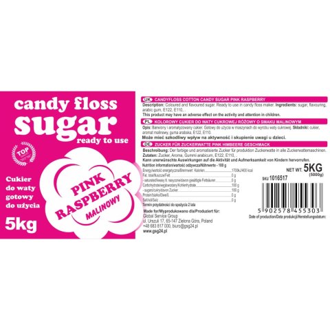 Kolorowy cukier do waty cukrowej czerwony o smaku malinowym 5kg GSG24