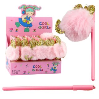 Długopis Żelowy Zatyczka Z Różowym Pomponem Niebieski Tusz 17cm 0.5mm LEAN