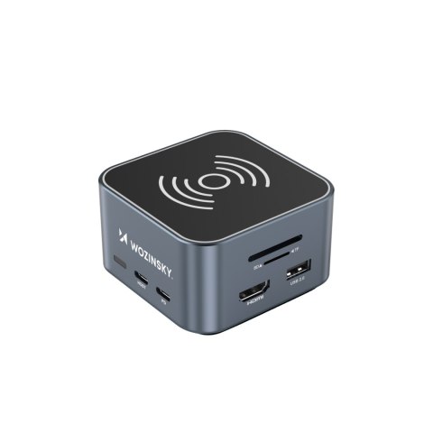 12w1 Hub z ładowarką bezprzewodową USB-A USB-C HDMI RJ45 SD TF mini jack - szary WOZINSKY
