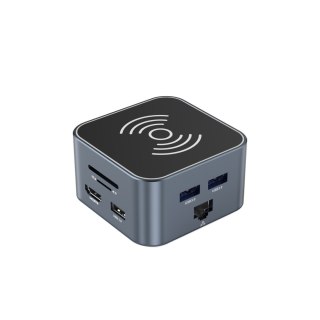 12w1 Hub z ładowarką bezprzewodową USB-A USB-C HDMI RJ45 SD TF mini jack - szary WOZINSKY