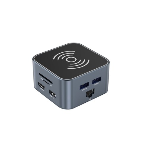 12w1 Hub z ładowarką bezprzewodową USB-A USB-C HDMI RJ45 SD TF mini jack - szary WOZINSKY