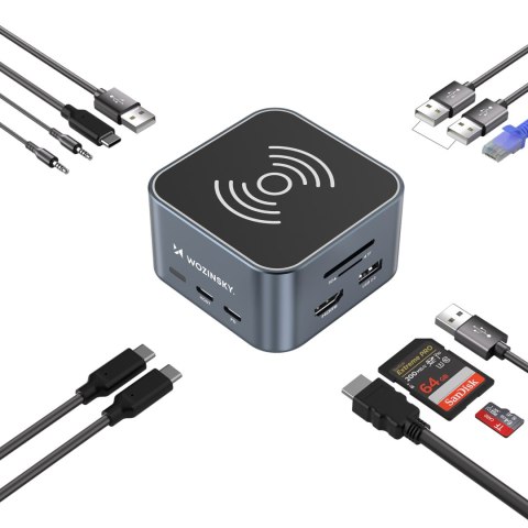 12w1 Hub z ładowarką bezprzewodową USB-A USB-C HDMI RJ45 SD TF mini jack - szary WOZINSKY