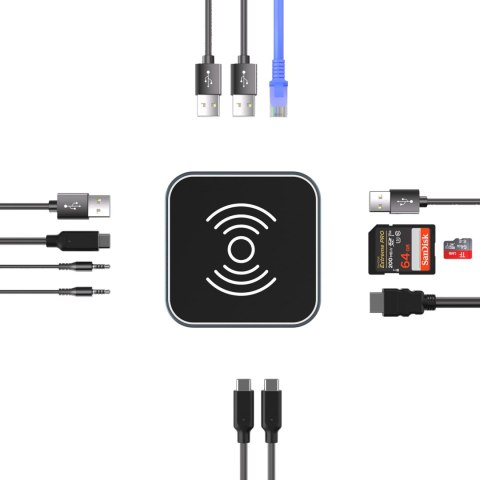 12w1 Hub z ładowarką bezprzewodową USB-A USB-C HDMI RJ45 SD TF mini jack - szary WOZINSKY