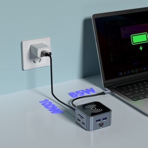 12w1 Hub z ładowarką bezprzewodową USB-A USB-C HDMI RJ45 SD TF mini jack - szary WOZINSKY