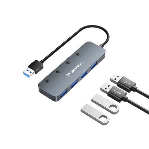 Hub rozdzielacz 4x USB-A z włącznikami aluminiowy - szary WOZINSKY