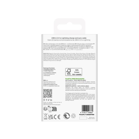 Kabel przewód USB-A - iPhone Lightning TPE 12W 2m - biały PURO