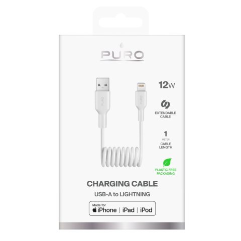 Kabel przewód spiralny USB-A - iPhone Lightning 12W 1m - biały PURO