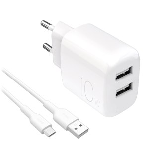 Ładowarka sieciowa 2x USB-A PROLITE 10W z kablem USB-A - USB-C 1.2m - biała PURO