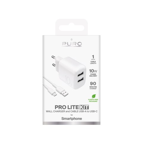 Ładowarka sieciowa 2x USB-A PROLITE 10W z kablem USB-A - USB-C 1.2m - biała PURO