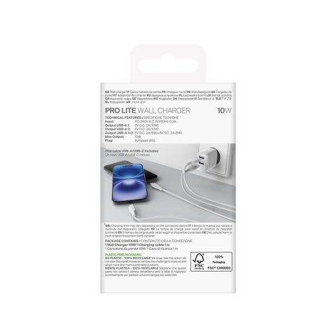 Ładowarka sieciowa 2x USB-A PROLITE 10W z kablem USB-A - USB-C 1.2m - biała PURO