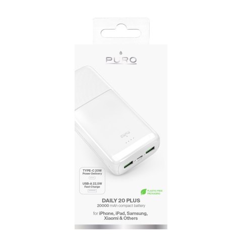 Powerbank 20000mAh USB-A USB-C PD AFC 22.5W - biały PURO