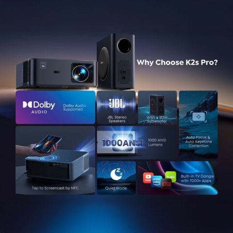 Projektor multimedialny FullHD 1080p LCD z głośnikami JBL i subwooferem WiFi BT K2s Pro - czarny Yaber