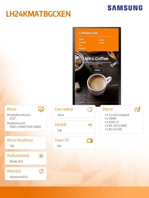 Monitor profesjonalny KIOSK KM24A/Tizen 24 cale Matowy, Dotykowa 16h/7 250(cd/m2) 1920x1080(FHD) S6 Player 3 lata d2d (LH24KMATB Samsung