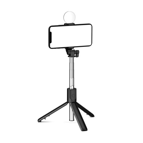 Selfie stick teleskopowy z pilotem + lamkpa LED stojak tripod na telefon 1m - czarny HURTEL