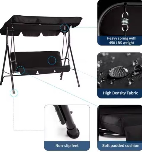 Huśtawka Trzyosobowa Ogrodowa Bujana Materac Czarna LEAN