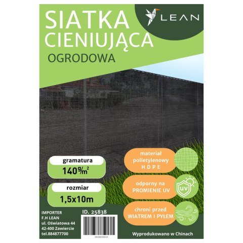 Siatka Cieniująca Na Ogrodzenie Płot Maskująca Zielona 1.5M 10M 140g/m² LEAN