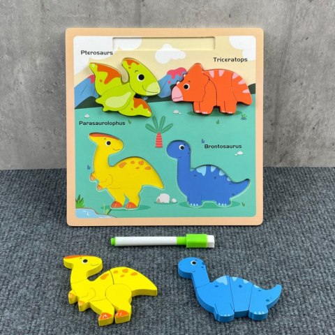 Układanka Tablica 2w1 Drewniana Edukacyjna Dinozaury Pisak LEAN TOYS