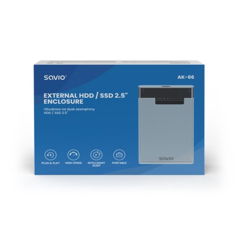 Zewnętrzna obudowa na dysk HDD/SSD 2.5", USB 3.0, AK-66, transparentna Savio