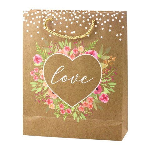 Torba Prezentowa Napis Love Kwiaty Brokat 32 x 26 x 10 cm LEAN