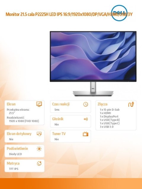 Monitor 21.5 cala P2225H LED IPS 16:9/1920x1080/DP/VGA/HDMI/USB/3Y Dell