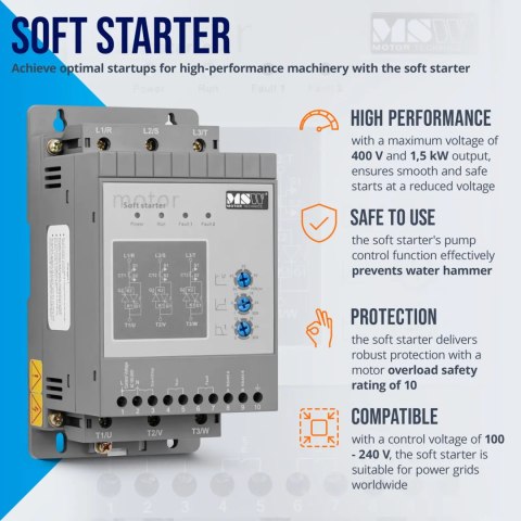 Soft starter do łagodnego rozruchu silników 3 A 1.5 kW 400 / 100-240 V MSW