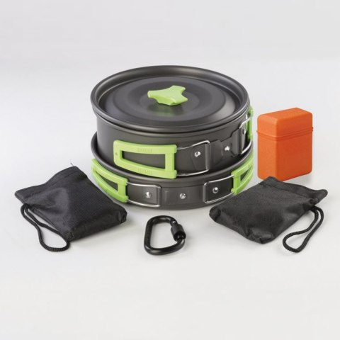 Naczynia turystyczne kempingowe czajnik garnek patelnia sztućce ZESTAW dla 2 osób MEVA