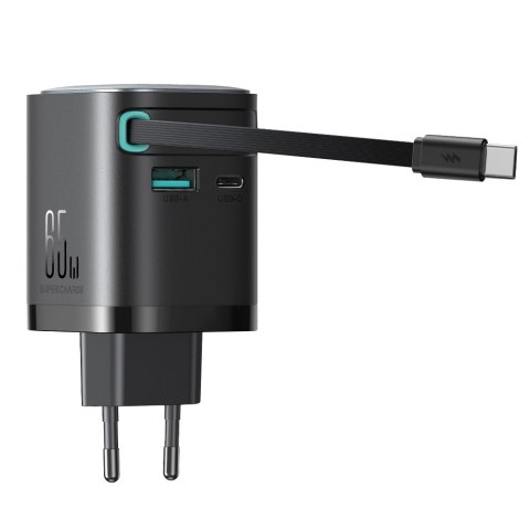Ładowarka sieciowa GaN 65W USB-A USB-C z wbudowanym kablem USB-C - czarna JOYROOM