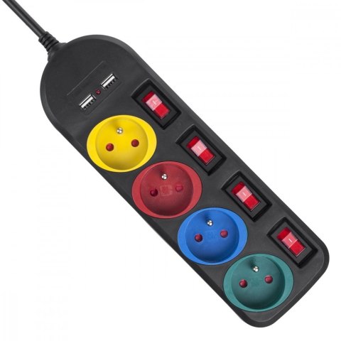 Listwa zasilająca z wyłącznikami 4 gniazda + 2xUSB przedłużacz MCE229B Czarna Maclean