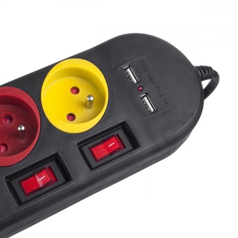 Listwa zasilająca z wyłącznikami 4 gniazda + 2xUSB przedłużacz MCE229B Czarna Maclean