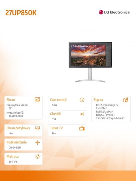 Monitor 27 cali 27UP850K-W UHD IPS USB-C Vesa DisplayHDR LG Electronics