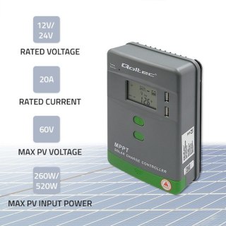 Solarny regulator ładowania MPPT z czujnikiem temperatury 20A | 12V / 24V | LCD | 2 x USB Qoltec
