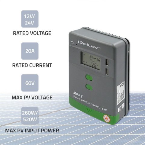 Solarny regulator ładowania MPPT z czujnikiem temperatury 20A | 12V / 24V | LCD | 2 x USB Qoltec