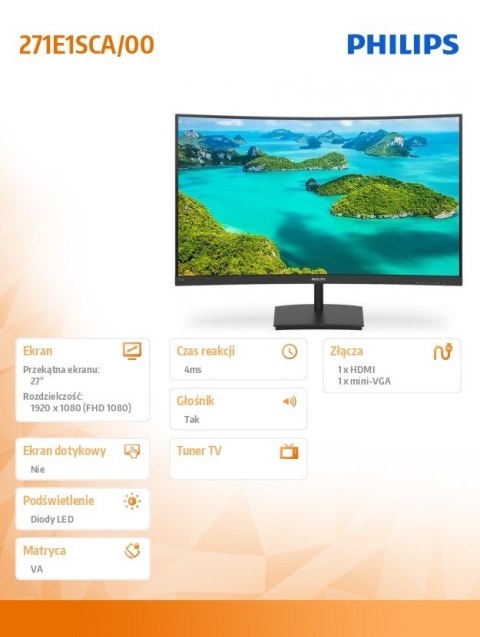 Monitor 271E1SCA 27 cali Curved VA HDMI FreeSync Philips