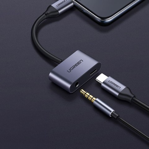 Adapter audio dwuportowy USB-C (męski) - mini jack 3.5mm / USB-C (żeński) - szary UGREEN