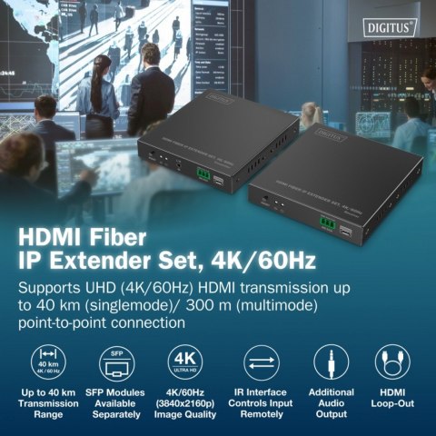 Przedłużacz (extender) światłowodowy HDMI 4K/60Hz przez IP 1G lub do 40km/300m, HDMI Loop-Out, sterowanie IR - zestaw (odbiornik Digitus